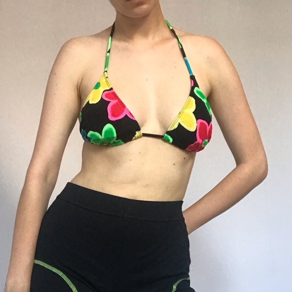 Vintage Other - Vintage neon floral bikini top 🌼💚